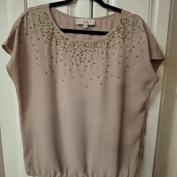 LOFT Tan  Embellished Short Sleeve Top - Picture 2 of 12